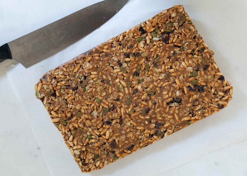healthy homemade granola bars ready to be sliced