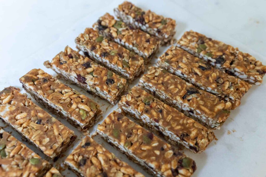 healthy homemade granola bars with no refined sugar, sliced evenly