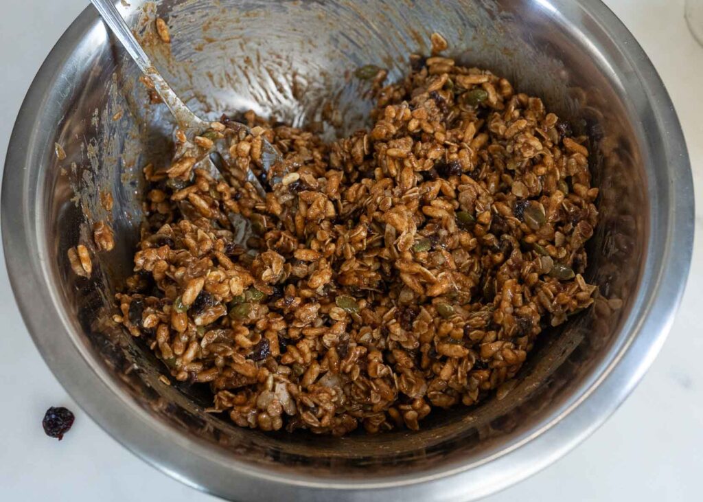 mixing up crispy rice granola bars