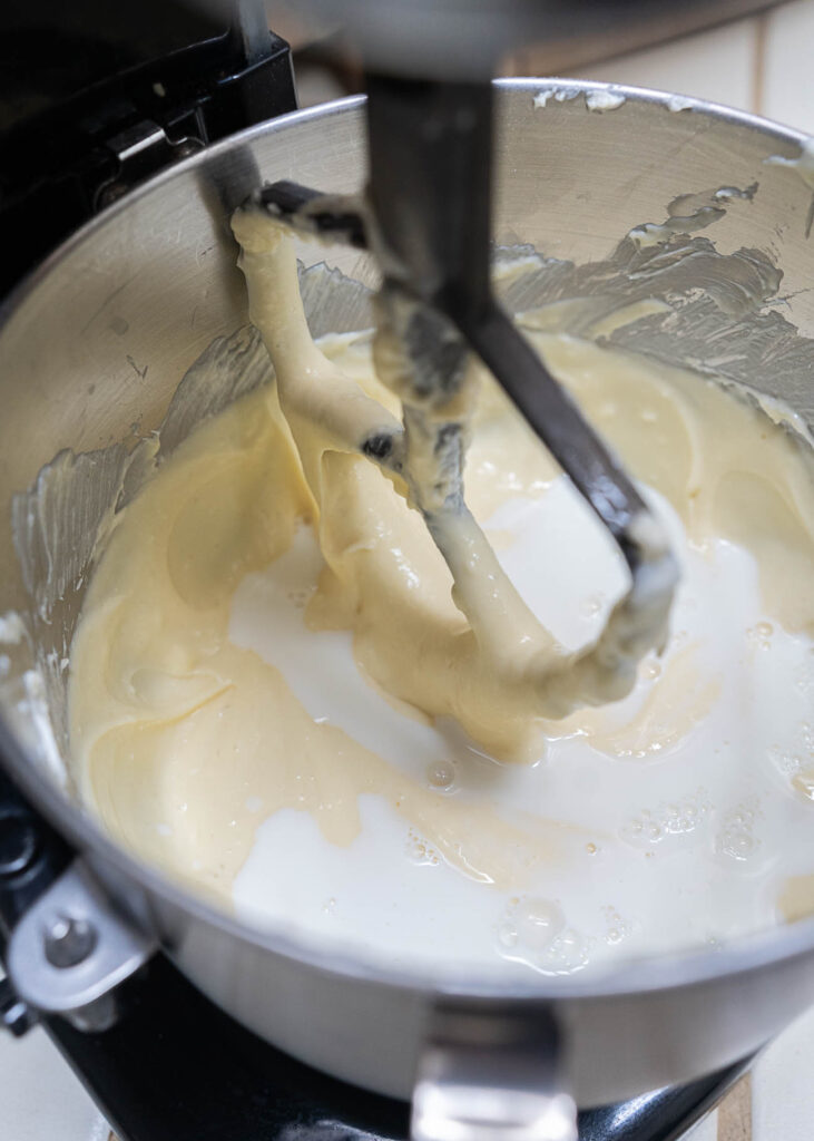 cheesecake batter in a mixer